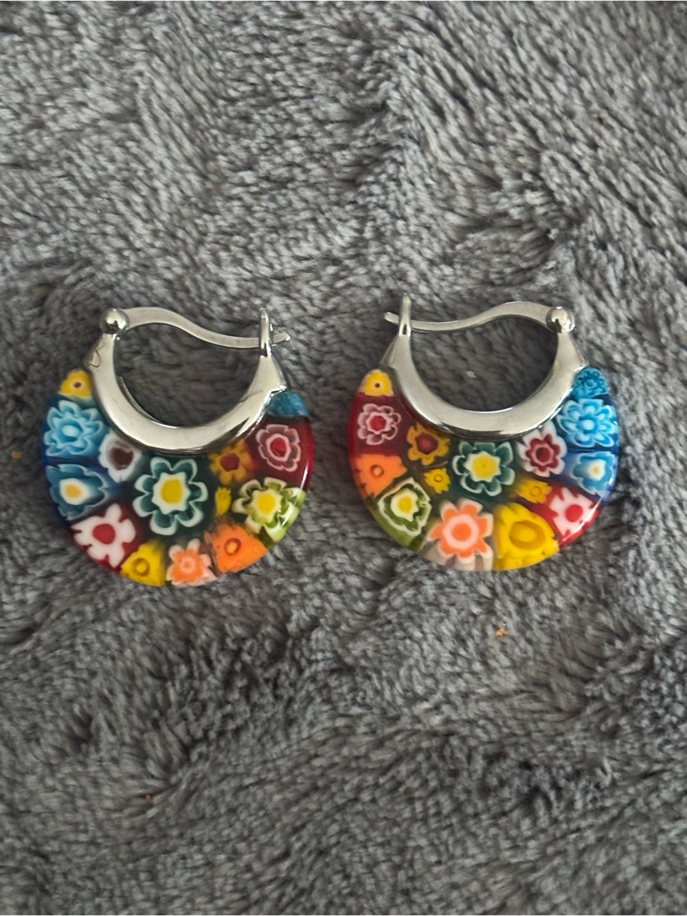 Murano Style Millefiori Glass Basket Hoop Earrings Multicolor Mosaic Boho